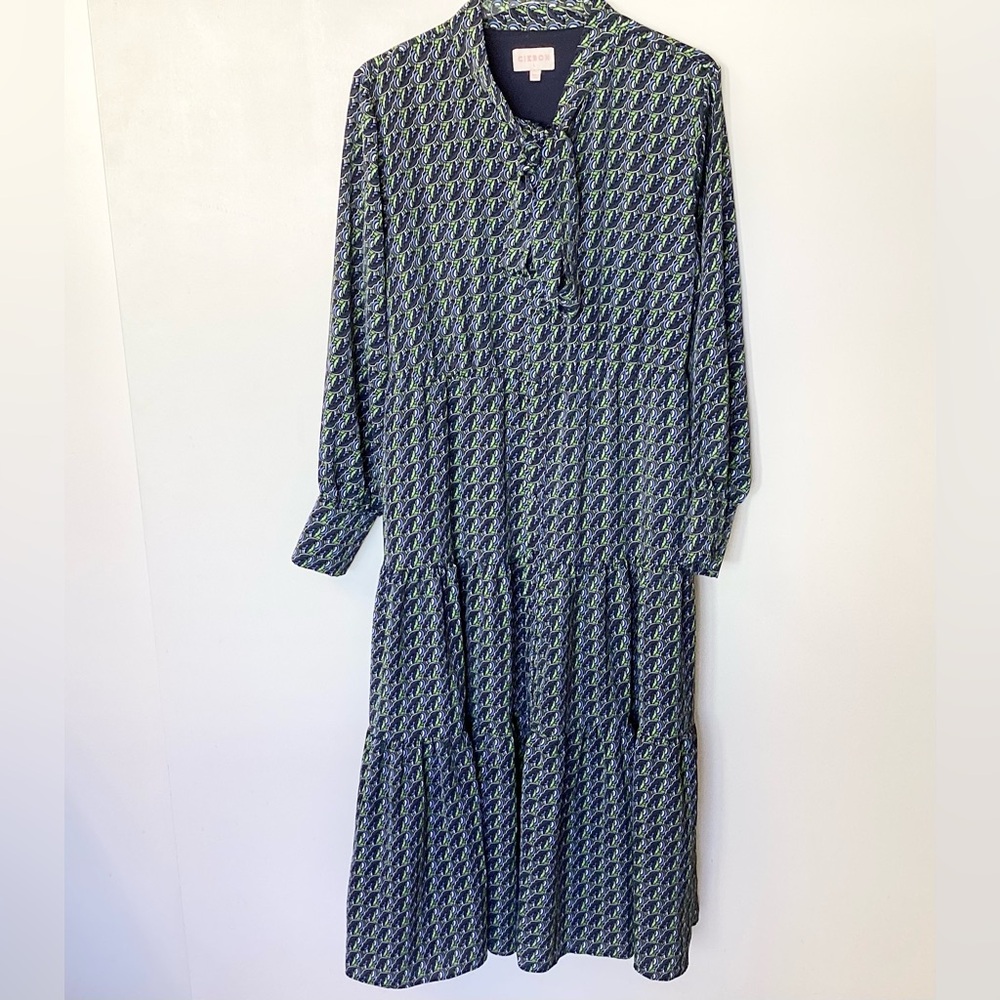 Ciebon Long Sleeve Zamara Tie Neck Midi Dress - Blue/Green - L